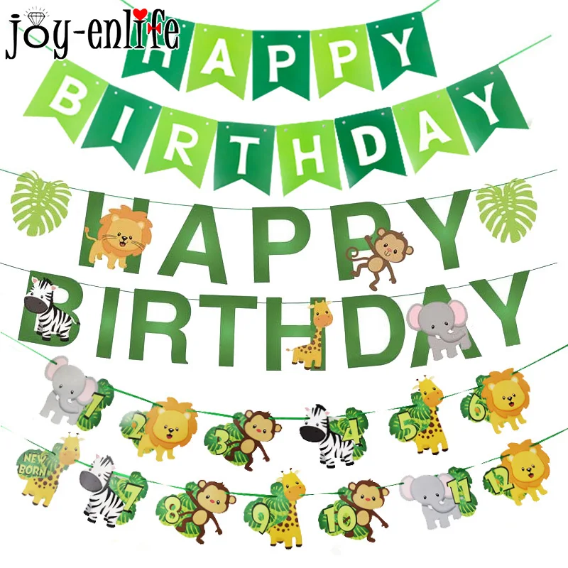 Happy Birthday Jungle Party Decoration Cartoon Animal Bunting Banner Kids One Year 1st Birthday Garland Safari Party Baby shower