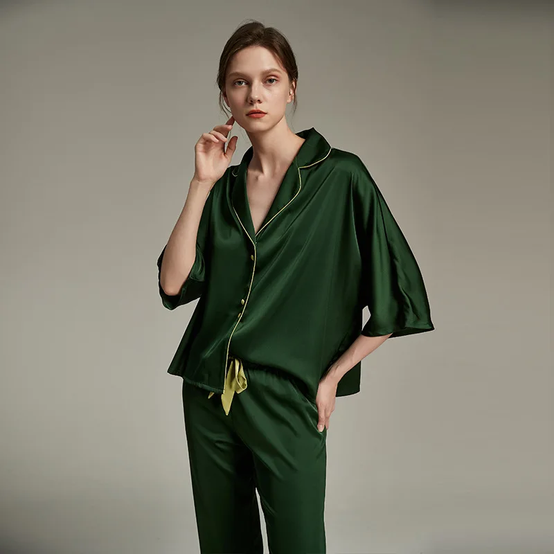 

Новый пижамный костюм из ледяного шелка, 2 шт., женская летняя одежда с тонкими рукавами семи четвертей, с лацканами, шелковая кубиками, одежда для дома