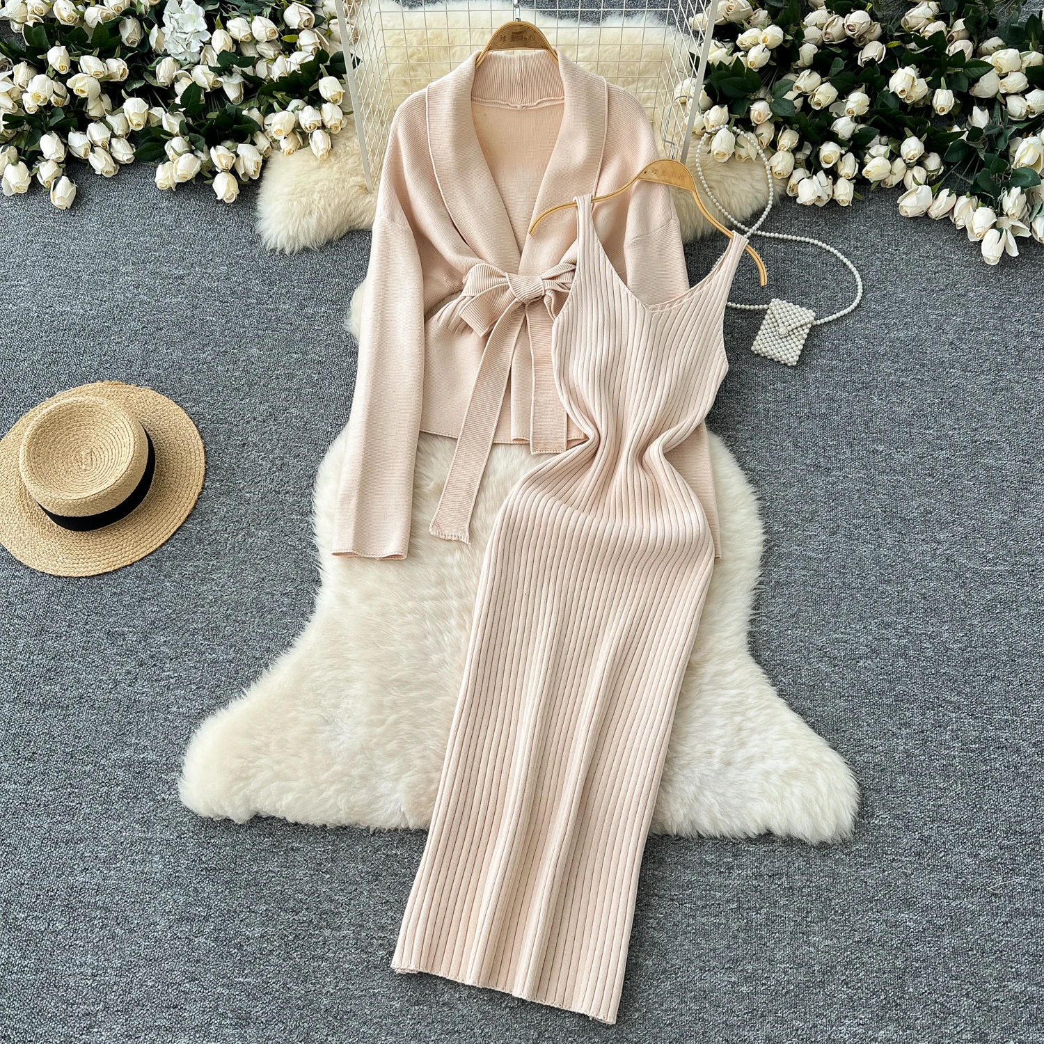 Women Two-Piece Sets Vintage Turn-down Collar Bandage Long Sleeve Top Straps Dresses Korean High Street Winter Knitted Clothing