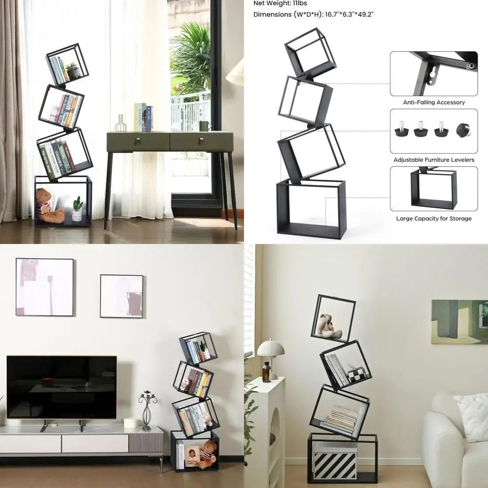 

49 Modern 4-Tier Geometric Black Bookshelf, Corner Storage for CDs, Books, Home Decor