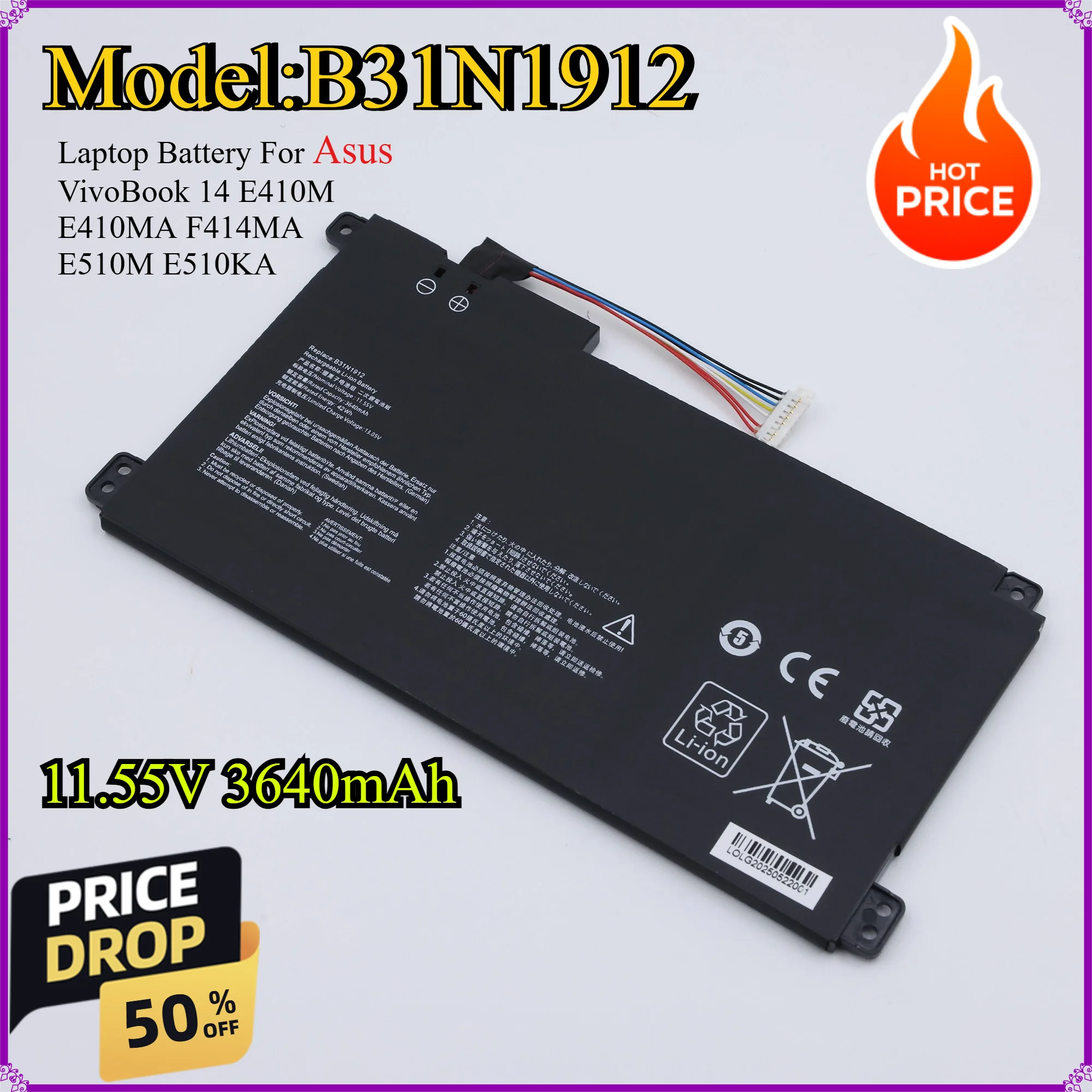 

B31N1912 11.55V 3640mAh Laptop Battery For Asus VivoBook 14 E410M E410MA F414MA E510M E510KA E410KA E510MA E522M L410MA C31