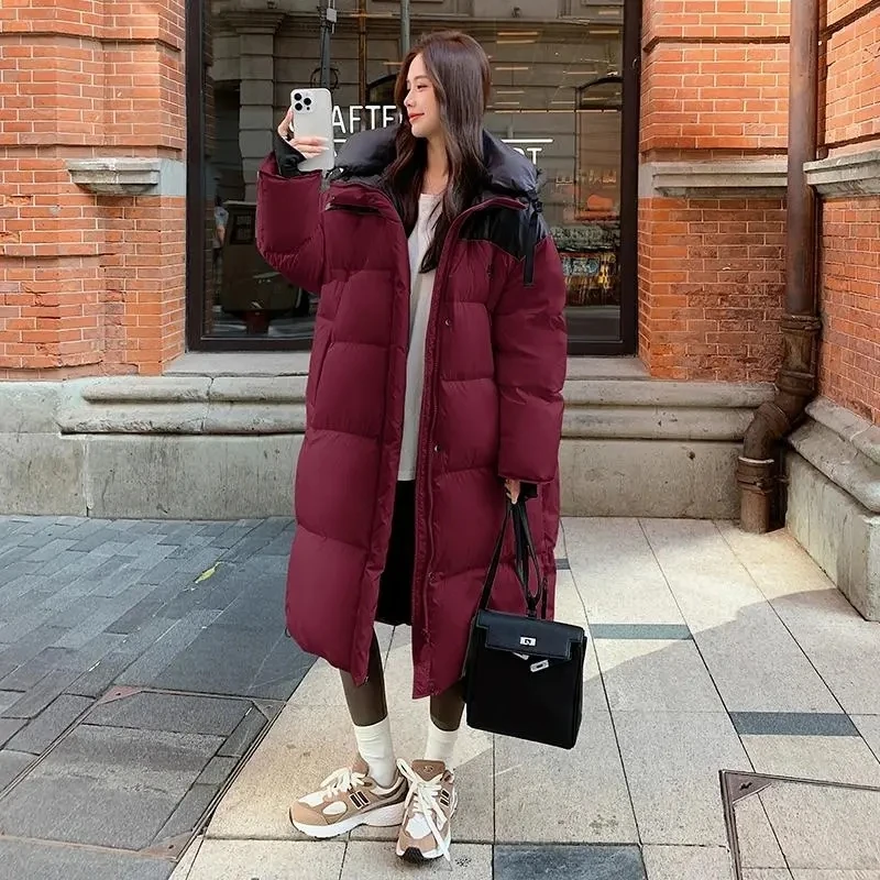 

2025 New Chinese Korean Color blocked Cotton Jacket For Women Long Style Thickened Over The Knee Cotton Jacket Loose Cotton Coat