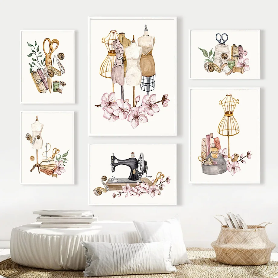 Vintage Dress Sewing Machine Flower Wall Art Canvas Painting Nordic Posters And Prints Fashion Pictures For Living Room Decor