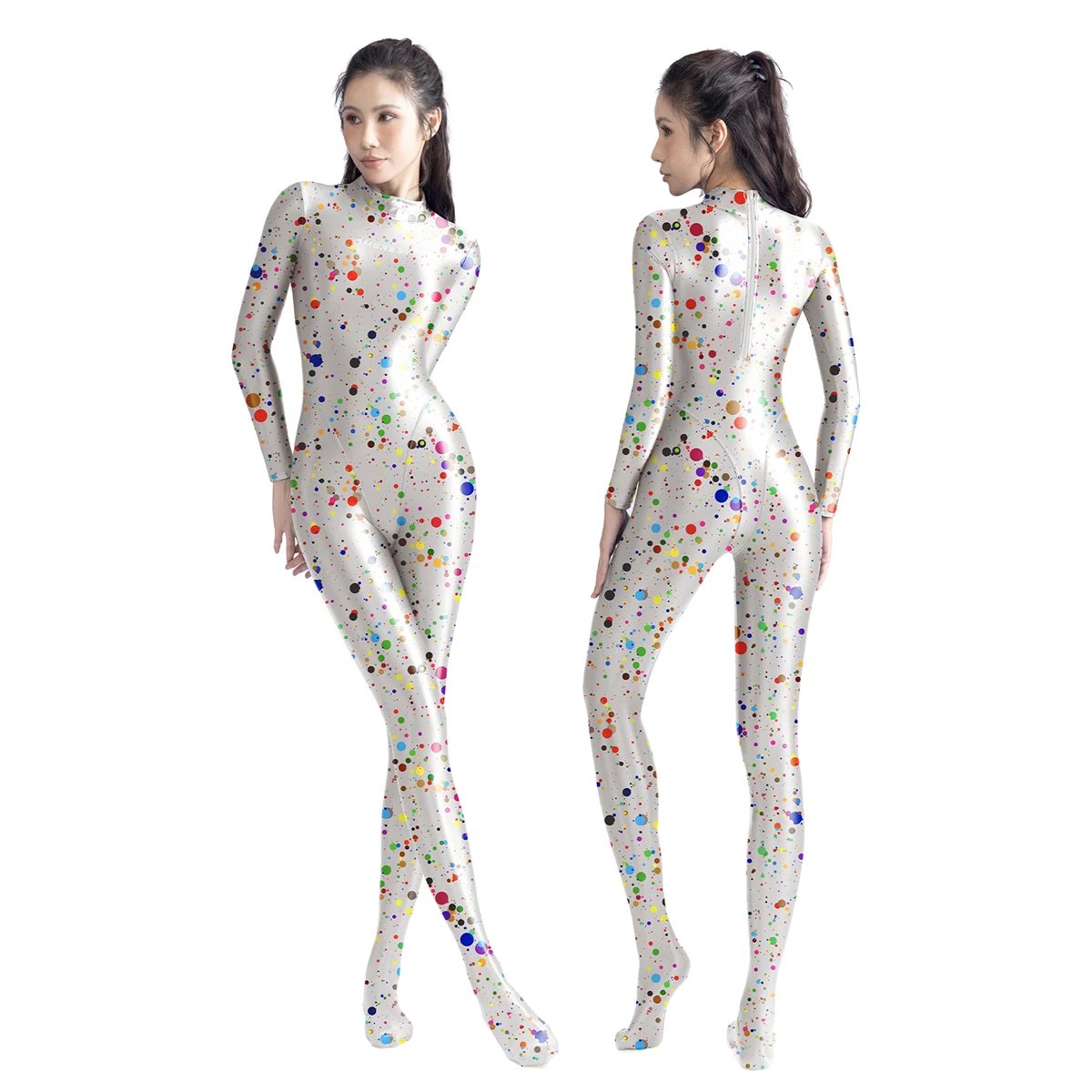 2025 AMORESY Athena Pattern Series Satin Elastic Back Zipper Tight Jumpsuit Bodysuit Leotards Catsuit Playsuit Swimwear Clubwear