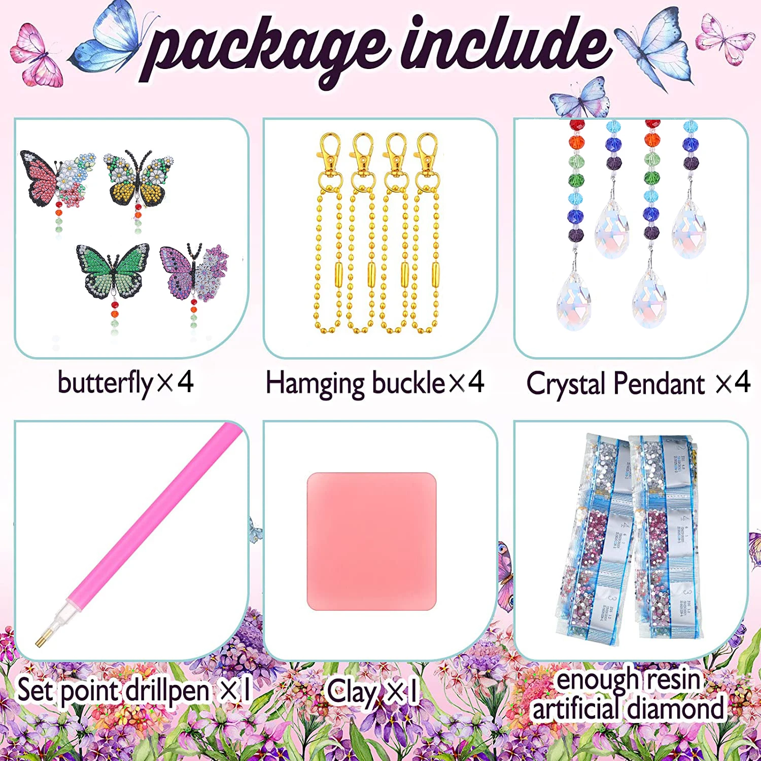 ชุดภาพวาดเพชร DIY ลายผีเสื้อ 4 ชุด พร้อมพวงกุญแจอะคริลิกสำหรับตกแต่งเป็นของขวัญวันเกิด