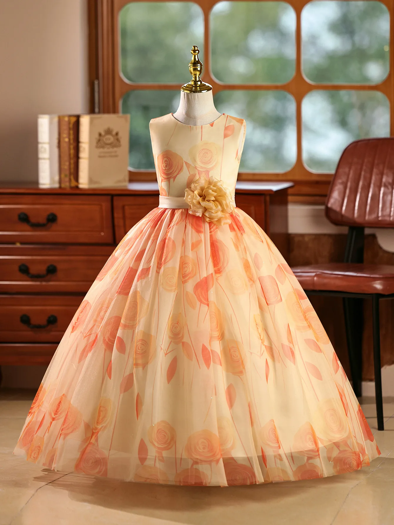 

New Girl Party Dress for First Communication Gown Child Girls' Flower Print Dresses Kid's Clothes