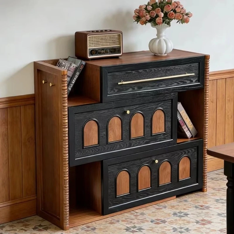 Wooden Side Cabinet Unique Geometric Carving Display Cabinet Modern Simplicity