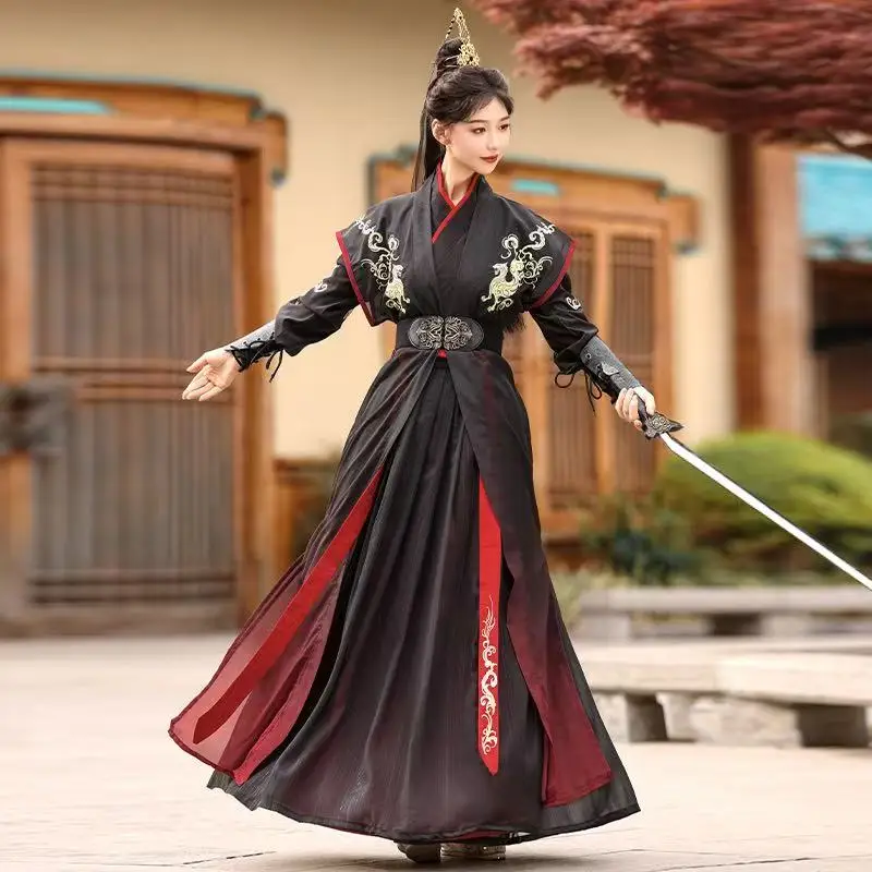

Stylish Black Red Wuxia Hanfu Men Women Traditional Chinese Cross Collar Beizi Skirt Vintage Halloween Swordsman Cosplay Outfits