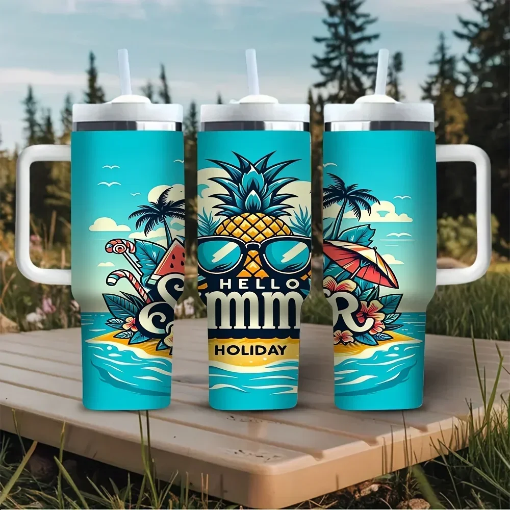 40oz Tumbler with Handle, Hello Summer Holiday Pineapple Beach Print, Fits Both Cold And Hot Drinks, Suitable for Summer Lovers, Ideal for Outdoor Activities And Daily Useorders for other colors will be shipped randomly in black or white