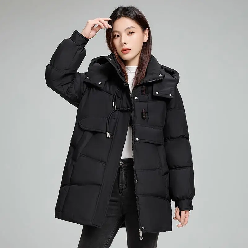 フード付き綿入りコートレディース 2026 秋冬新ロングダウンジャケット女性パーカーファッションウインドブレーカー中国風アウターコート
