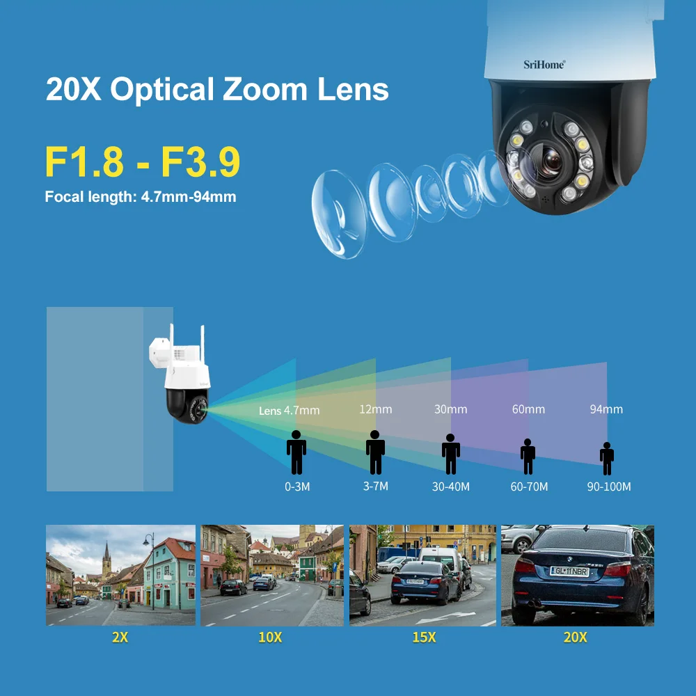 Imagem -03 - Srihome-câmera ip à Prova Dágua com Rastreamento Automático ai Vigilância por Vídeo Cctv de Segurança Ptz Cam 1080 mp Zoom Óptico 20x 2.4g 5g Wifi H.265