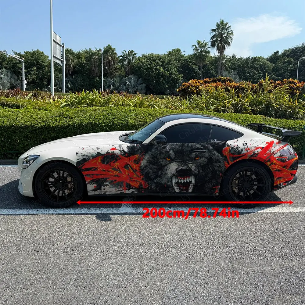 2pcs Red Ink Splattering Roaring Wolf Car Side Wraps, Self-Adhesive PVC Waterproof & Scratch-Resistant Stickers, Car Accessory