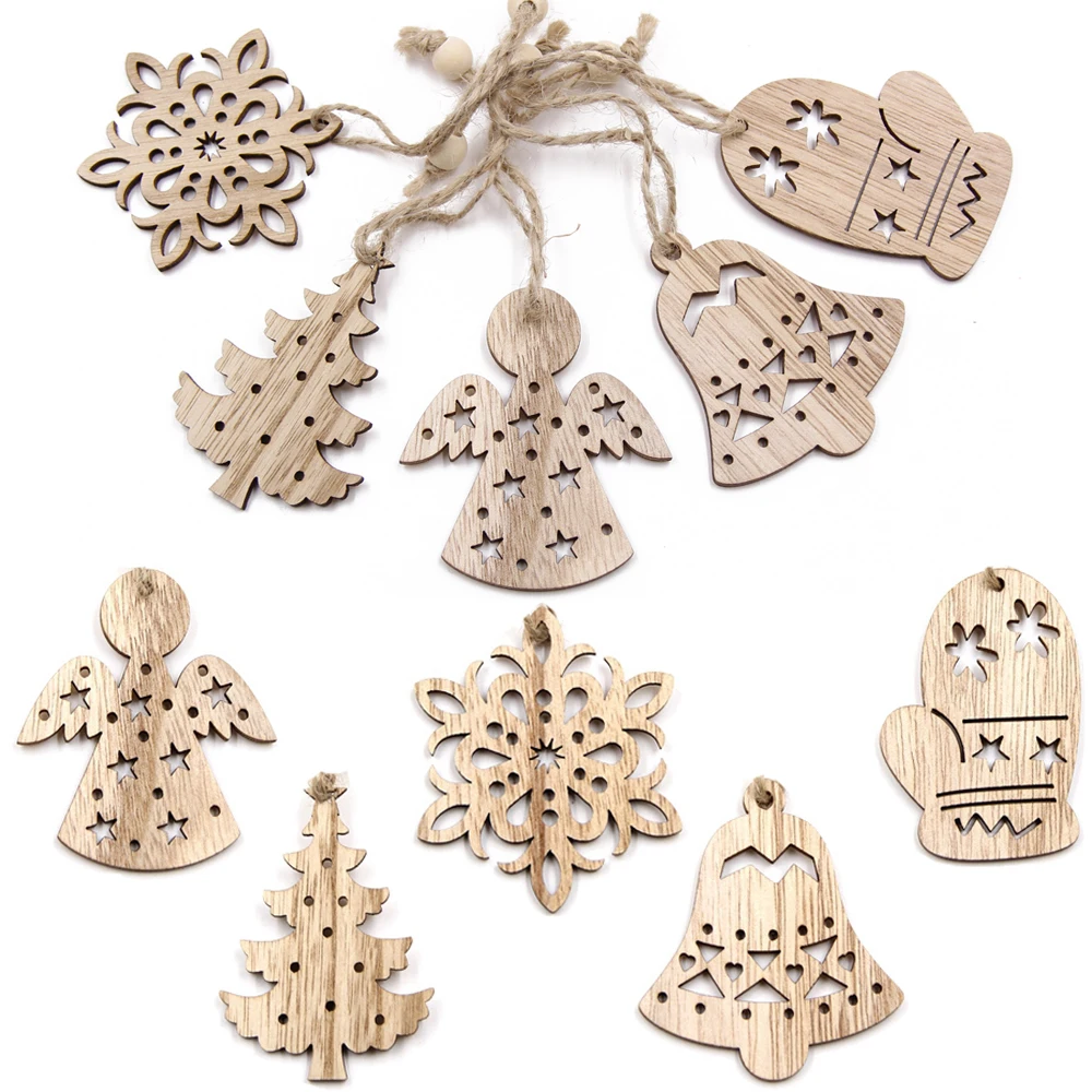 6PCS Cute Christmas Snowflakes&Angle Wooden Pendant Ornaments DIY Craft Xmas Tree Ornament Christmas Party Decorations Kids Gift