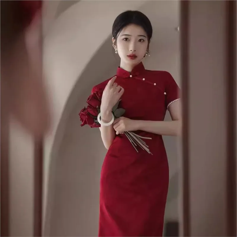 Red cheongsam toasting dress bride's modified engagement and wedding women's light new Chinese-style