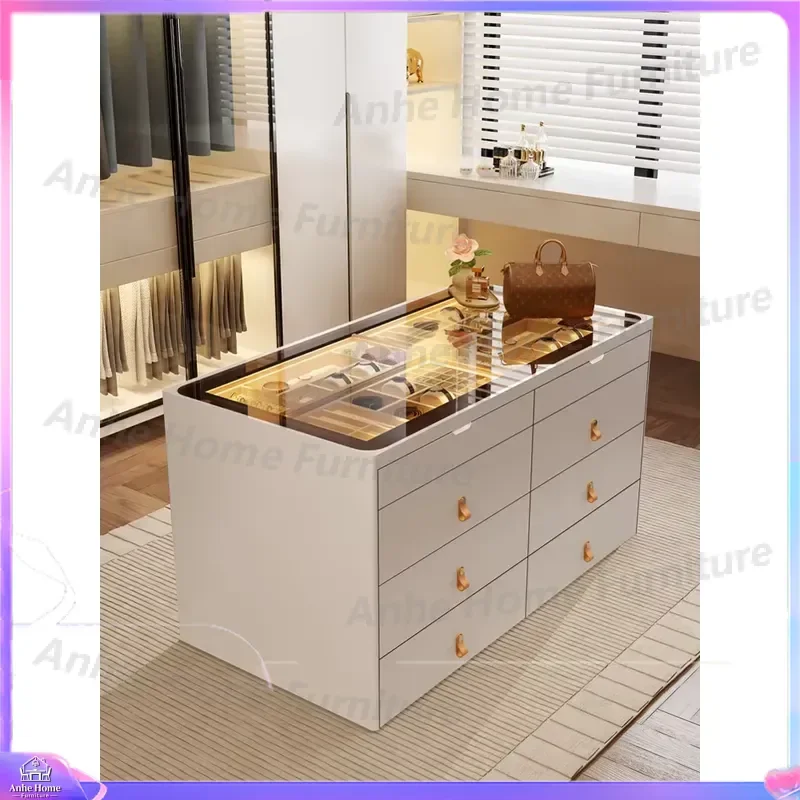 Modern MDF Island Display Cabinet Counter with LED Light Multi Layer Shelf for Beauty Cosmetics Nail Art Product Showcase