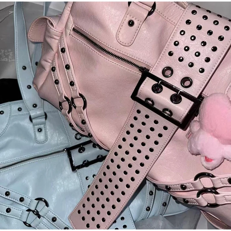 Y2k Nieten-Gürtelschnallen-Handtasche, Damen Motorrad Biker Punk-Stil Metall-Nieten-Schultertasche, Koreanische Y2k Mädchen Reißverschluss-Tragetasche – Detail 2