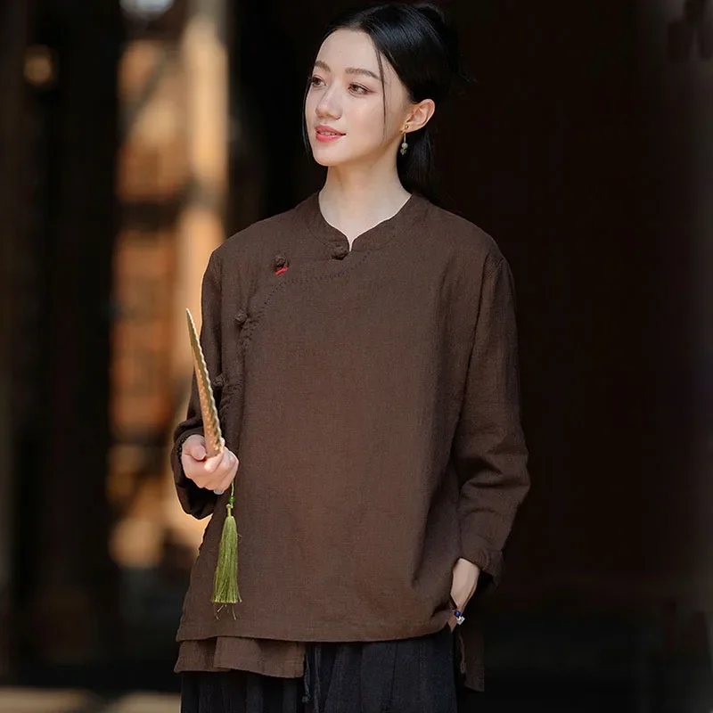 

Cotton Linen Solid Color Frog Button Side Cardigan Long Sleeve Shirt Womens Vintage Spring And Autumn Hand Embroidered Loose Top