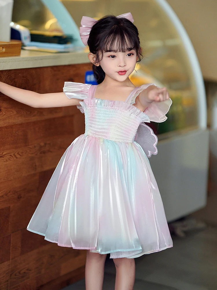 Gradient RainbowTulle Sling Dress Butterfly Decoration Vestido Summer Children Girs Princess Christmas Birthday Party Dress New