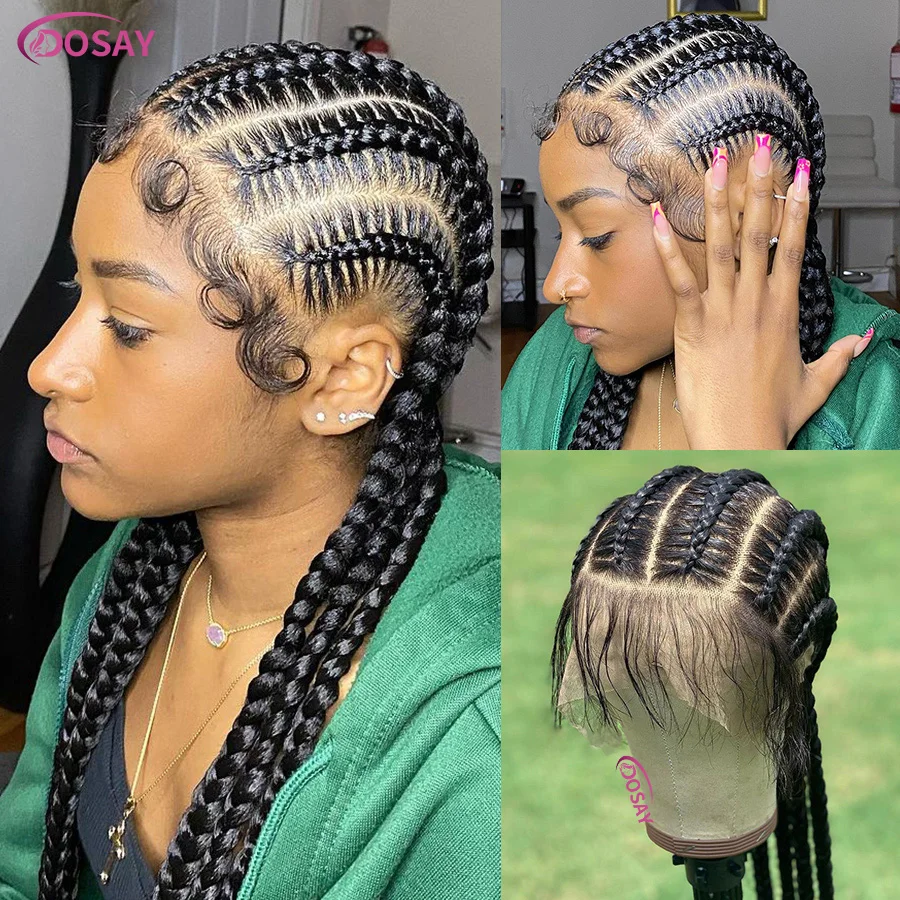 Perucas trançadas de cornrow curto, renda completa, sintética, sem nós, caixa, peruca com cabelo de bebê, trança jumbo, perucas de cabelo para mulheres africanas