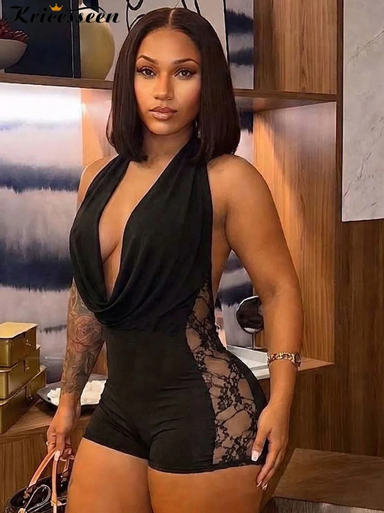 

Kricesseen Sexy Deep V-Neck Halter Romper Women Fashion Lace Patchwork Backless Bodysuit High Waist Clubwear One-Piece Outfits