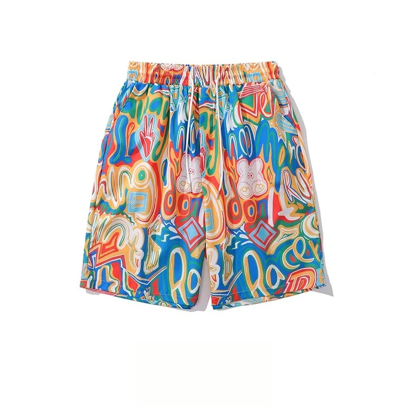 Summer New  Men Graffiti Letter Print Casual Streetwear Short Sleeve Shirt Colorful Y2K Hawaiian Vacation Loose Shorts
