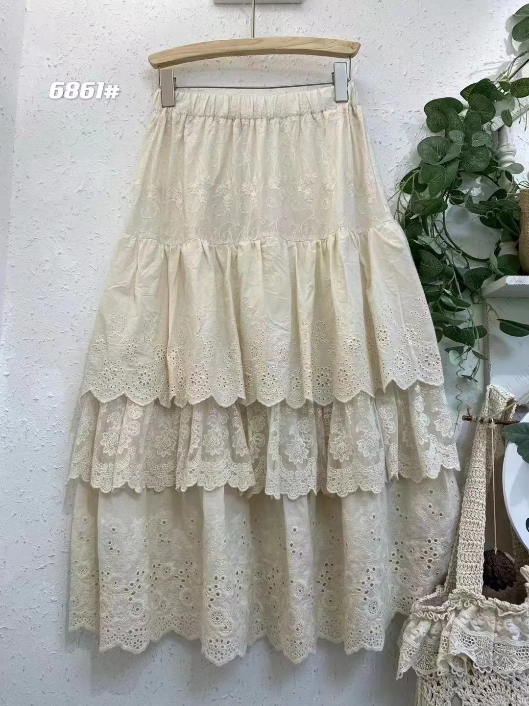 Free Shipping 2024 Beige Long Mid-Calf Summer Cotton Embroidery Flower Lace Cutout Skirts For Women Elastic Waist Skirts