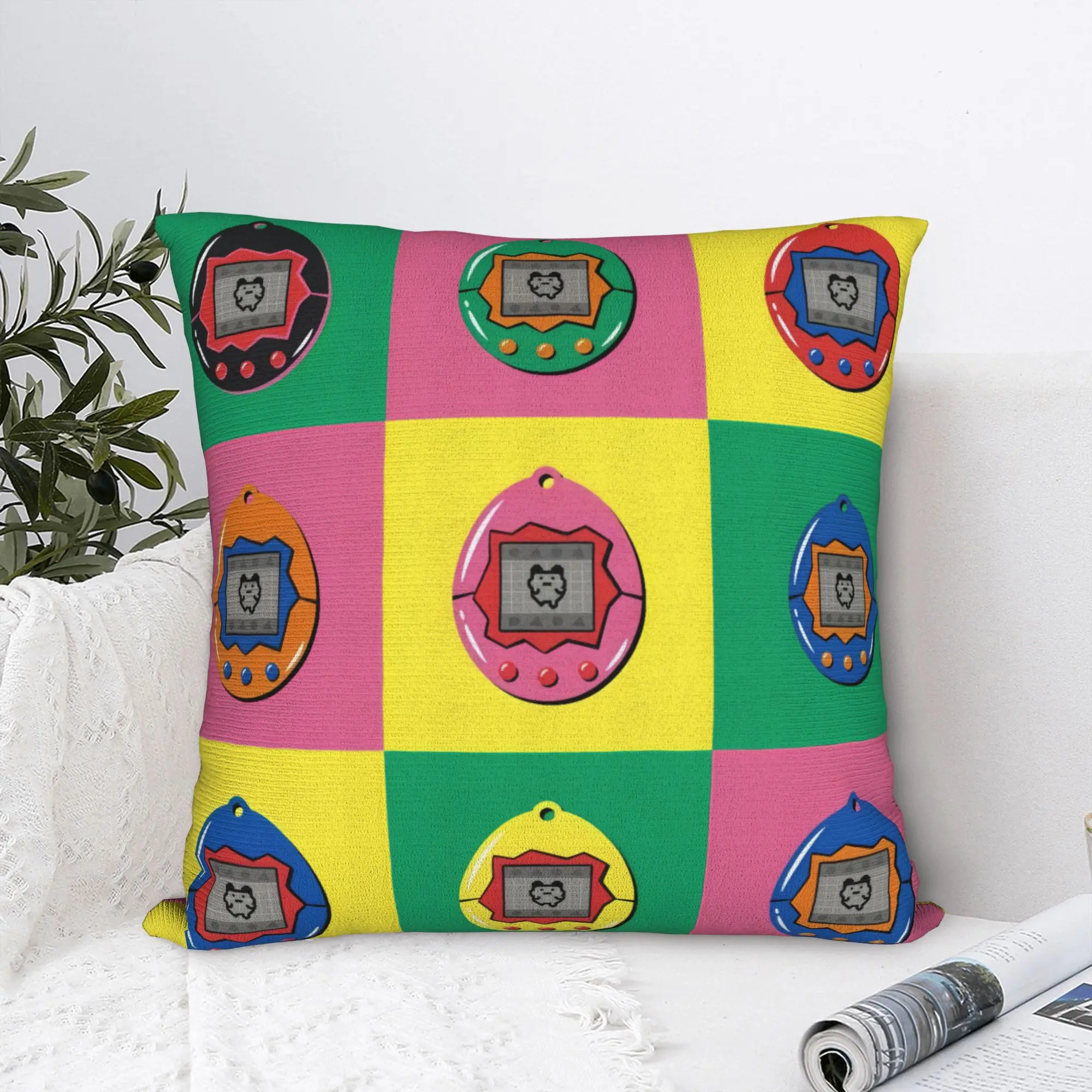 Luxury Cartoon Tamagotchi Feed Me Checkered Plaid  Sofa Cushion Cover Soft Game Anime  Throw Pillow Case Home Decorative