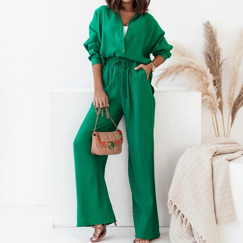 2025 Summer New Casual Office Lady Shirt Set Loose Shirt Top And Elastic Waist Wide Leg Pants Two piece Set Solid Women Outfit