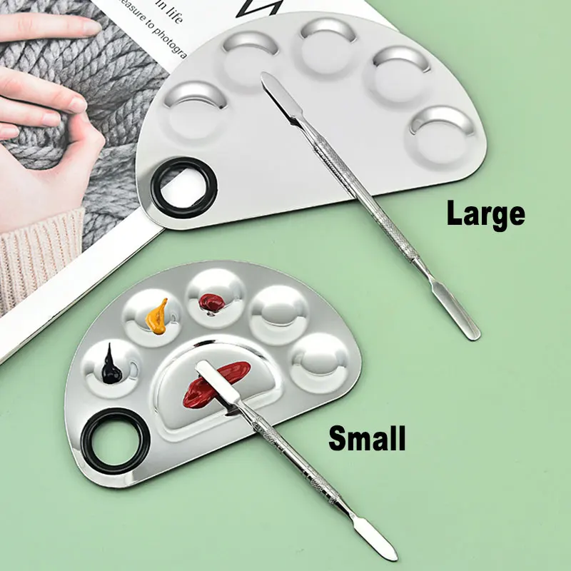 Portable Semicircle Stainless Steel Palette Tray With Spatula Set For Art Drawing Painting Makeup Pigment Blender Mixing Tool