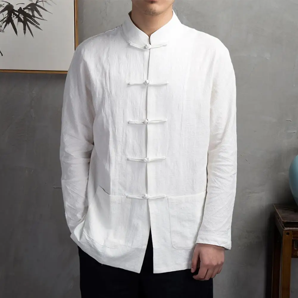 Solid Color Stand-up Collar Shirt Traditional Chinese Style Men\'s Shirt with Mandarin Collar Long Sleeve Featuring for Kung