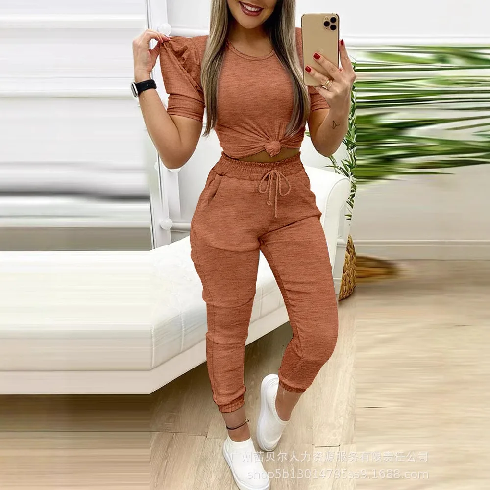 여성 2 피스 라운드 넥 짧은 소매 탑 Drawstring 셔링 바지 포켓 캐주얼 바지 세트