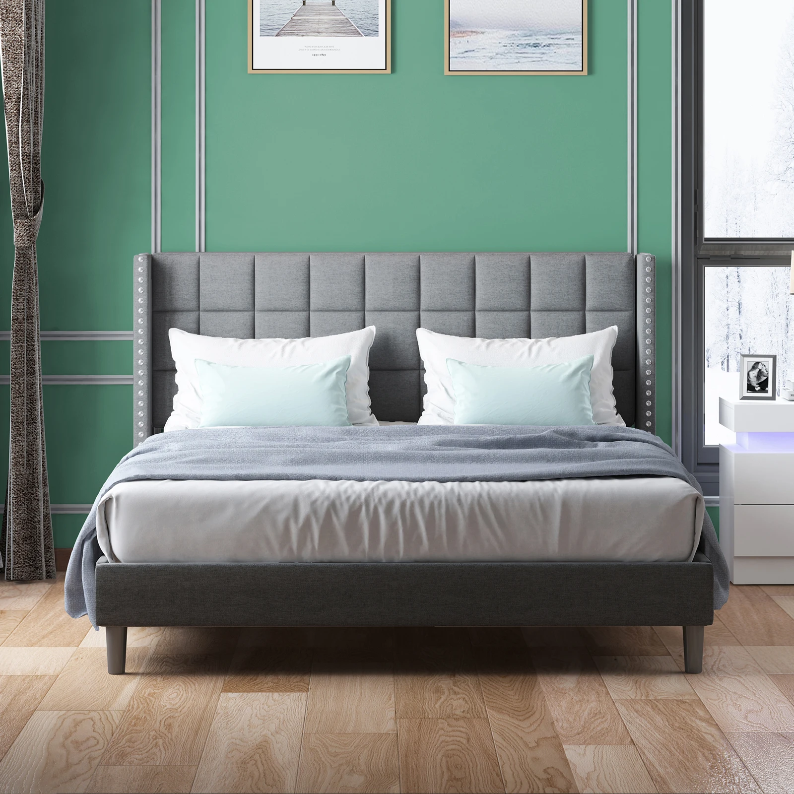 HORGAEO Bed Frame with Wingback Headboard, Modern Platform Bed Frame, Velvet Bedframe , Bedroom Furniture with Two Rows