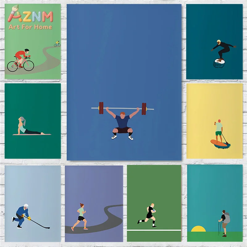 AZNM Minimalist Sports Figure Canvas Wall Art Flat Illustration Weightlifting Cycling Running Skiing Yoga Outdoor Fitness Simple