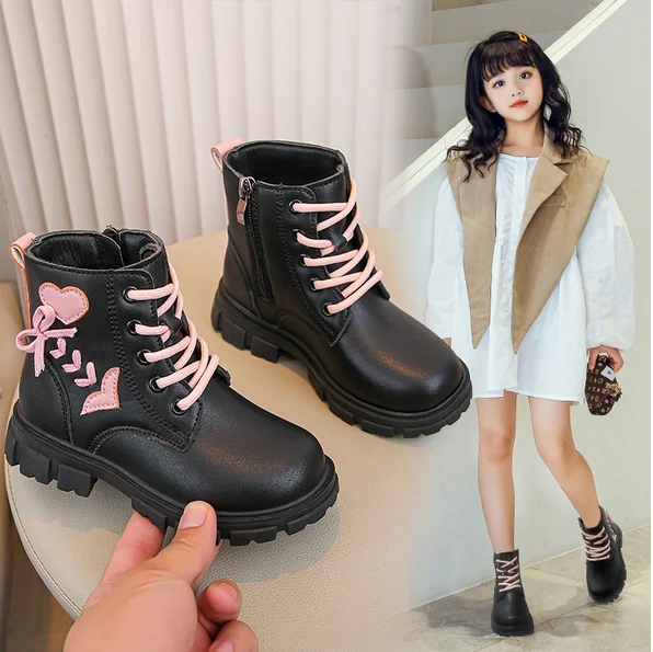 Girls Ankle Boots Children Fashion Boots Pink Elegant Zipper Love Pattern Kids Princess Leather Boots Anti-Slippery Size 26-37