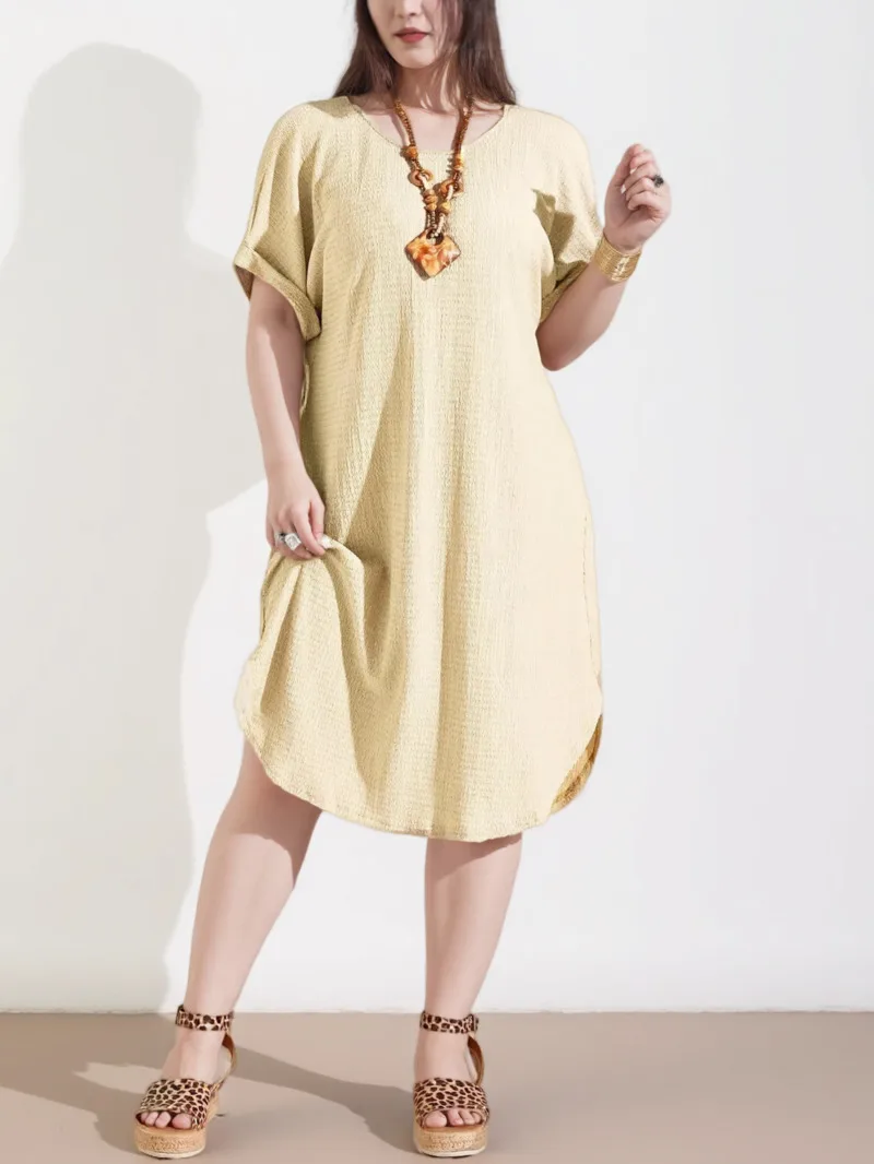 미국 대형 여성 의류 2025 여름 신상 반팔 단색 드레스 대형 티셔츠 미니 드레스 탑 PP3H