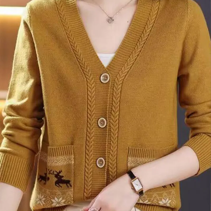 Office Lady Fashion Jacquard Pockets Sweaters Autumn Winter Soft Wool Knitwear Tops Vintage Elegant Knitted Cardigan