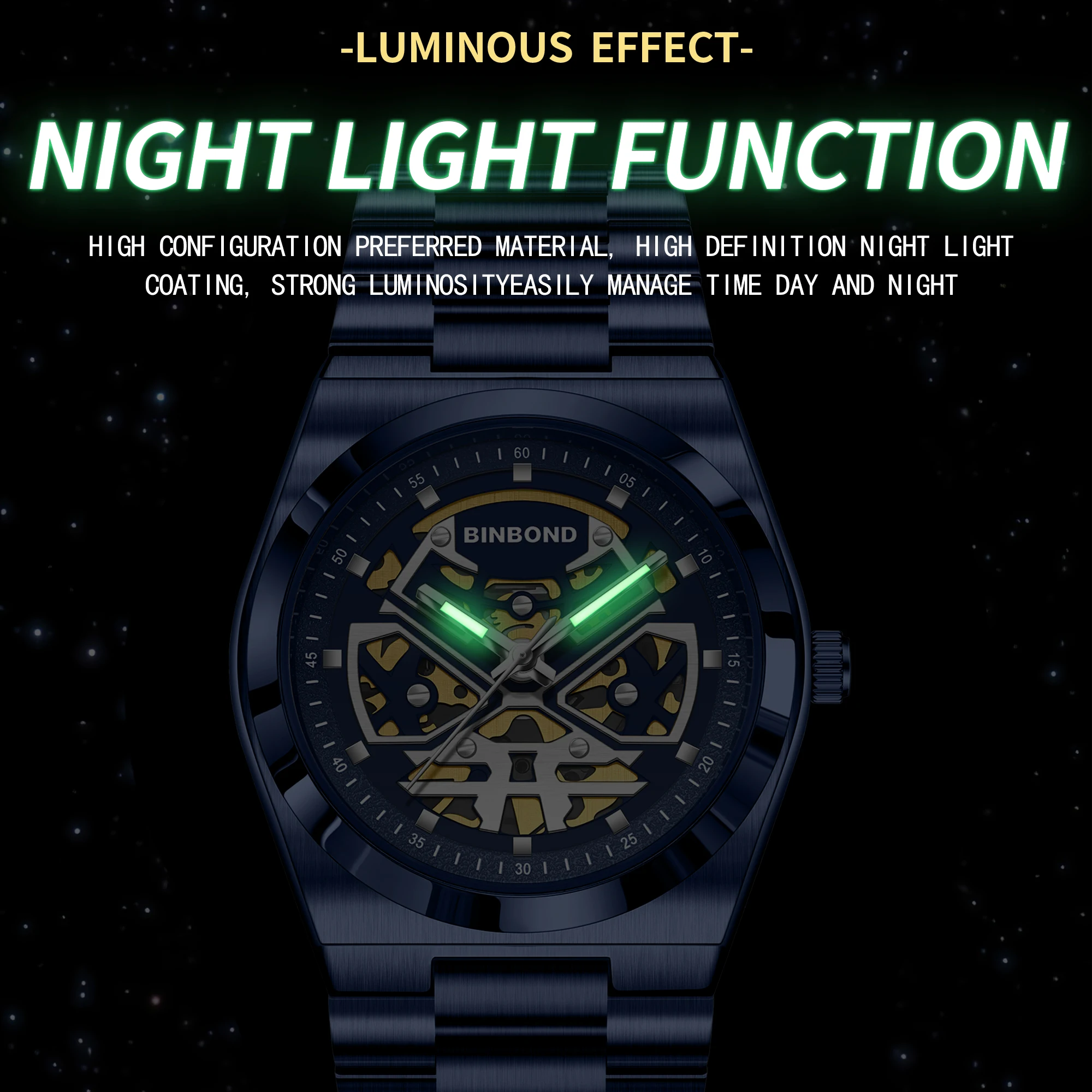 تتميز ساعة BINBOND الكوارتز الجديدة هيكلًا أسودًا أو أزرق أو أبيض وحزامًا في مخطط ألوان موحدًا. هذا التصميم الهيكلي