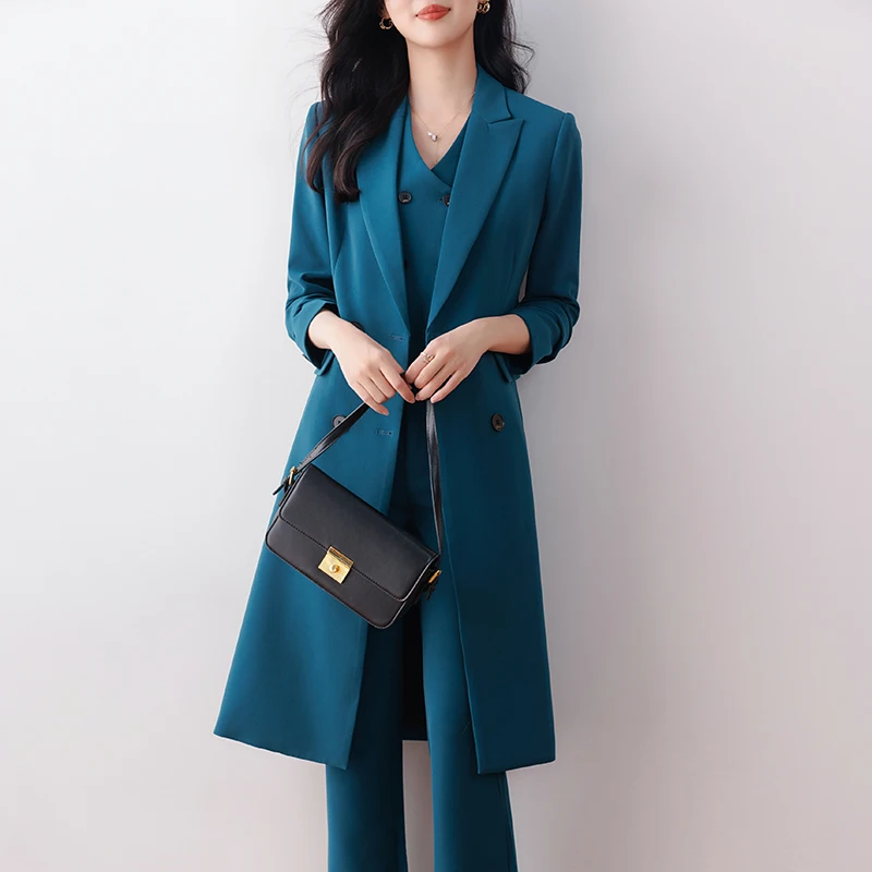 High Quality 2023 Autumn Winter Formal Ladies Lengthen Blazer Women Business Suits Work Wear Office Uniform  Pants Jacket Sets