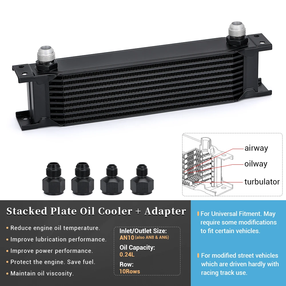 Aluminum Universal British Type Car Engine Transmission AN10 Oil Cooler 10 Row With 10AN Female to AN6 AN8 Male Adaptter Fitting