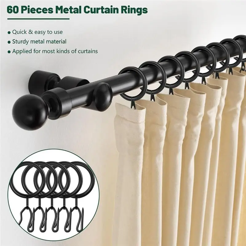 ABRW-60Pcs Metal Curtain Rings And 60 Pcs Curtain Drapery Pin Hooks,30Mm Internal Diameter For Window, Shower Curtain
