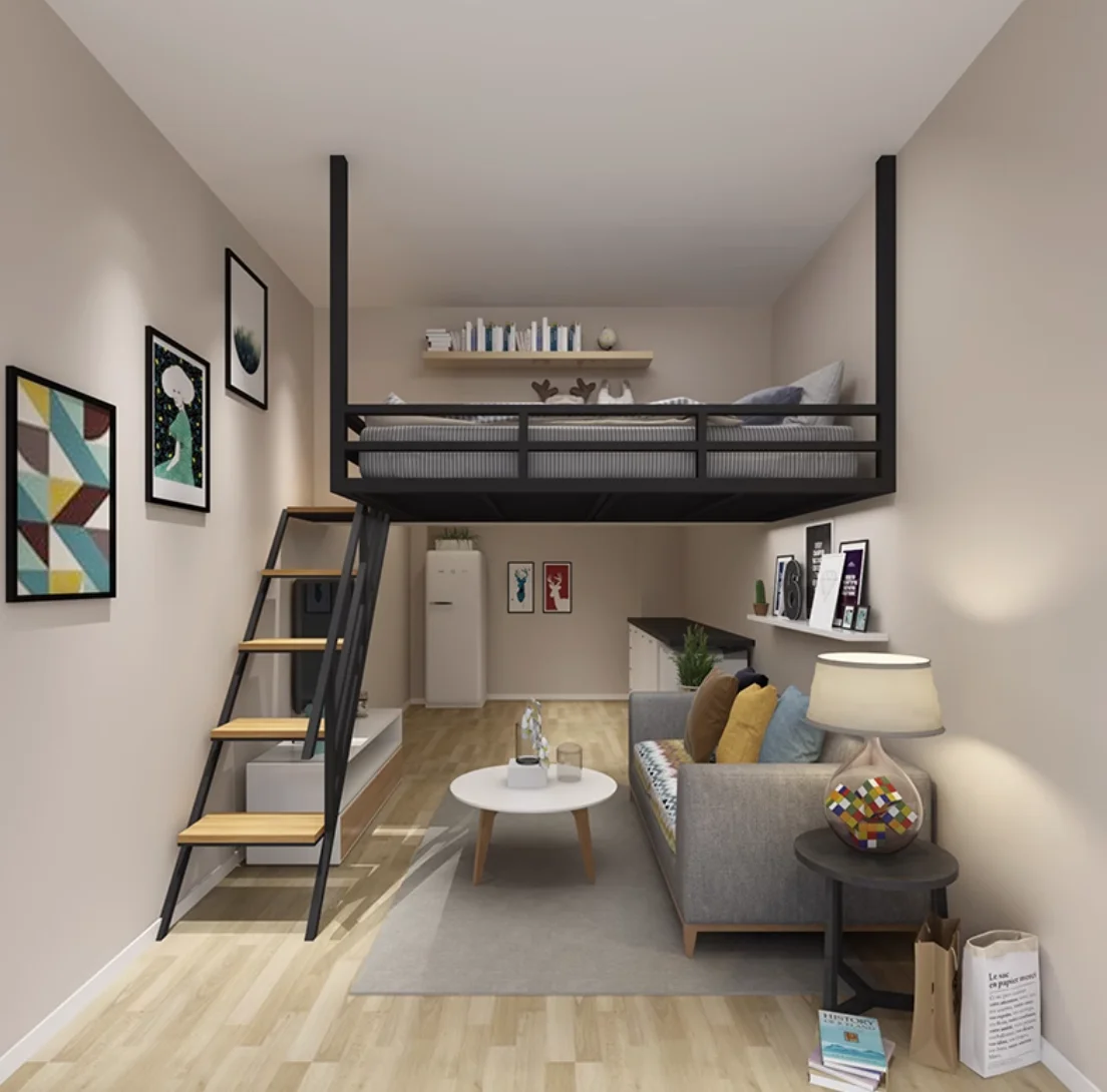 Elevated bed, high and low bed, small apartment, provincial space, simple and fashionable iron art, pavilion bed, suspended dupl