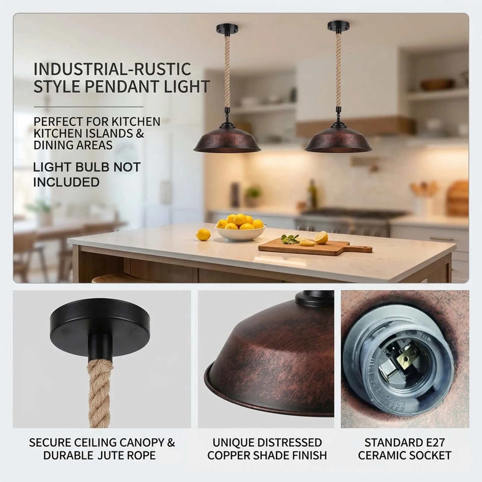 Jute Rope Pendant Light, Rustic Copper Dome, E27 Socket, Vintage, Kitchen Bedroom Reading Nook