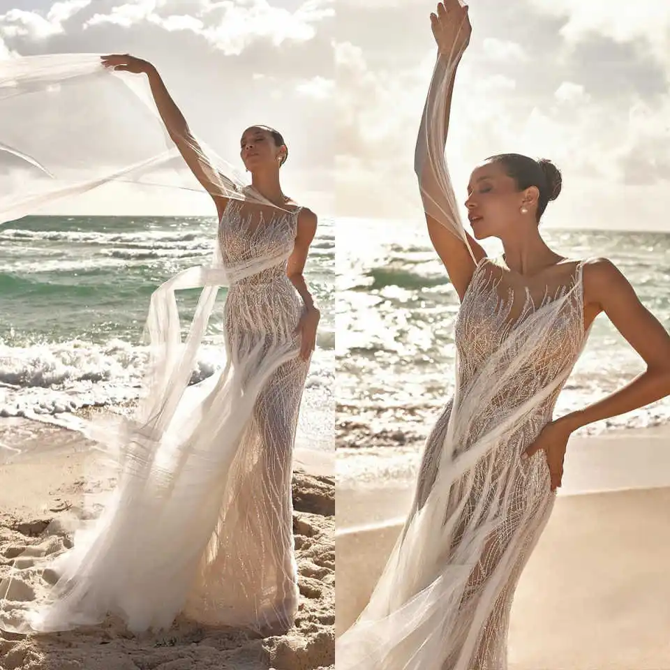 Vestido de novia de sirena con lentejuelas reales elegante ilusión sin mangas vestido de novia de encaje hasta el suelo vestidos de novia personalizados