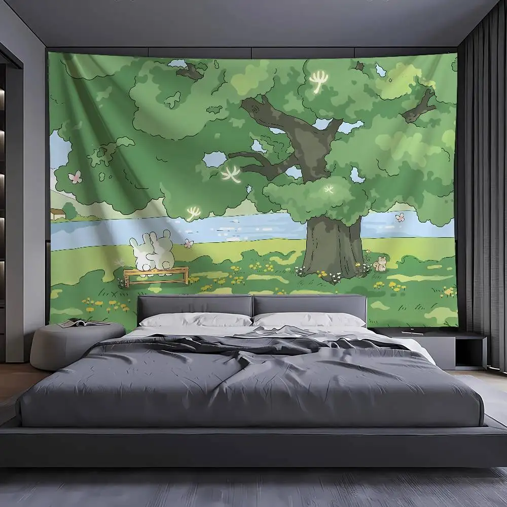 Cute Cartoon Forest Tapestry Kawaii Bunny Under Big Tree Lake Meadow Butterfly Green Landscape Soft Aesthetic Wall Decor