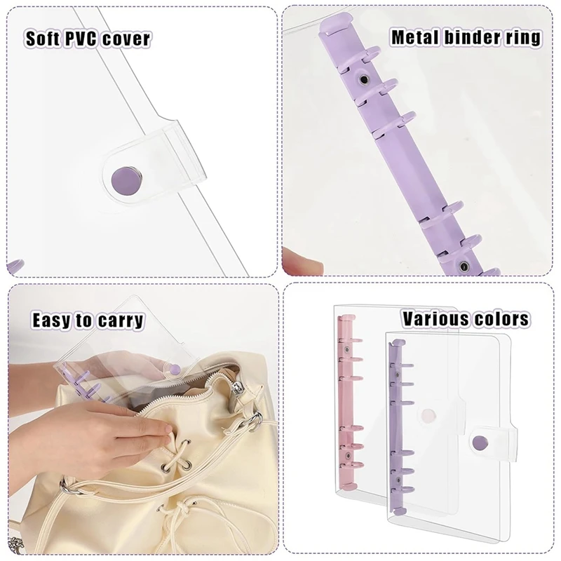 2 Pack A6 Soft PVC 6 Rings Binder, Clear Budget Binder, Refillable Planner Binder, Ring Binder Cover With Snap Button