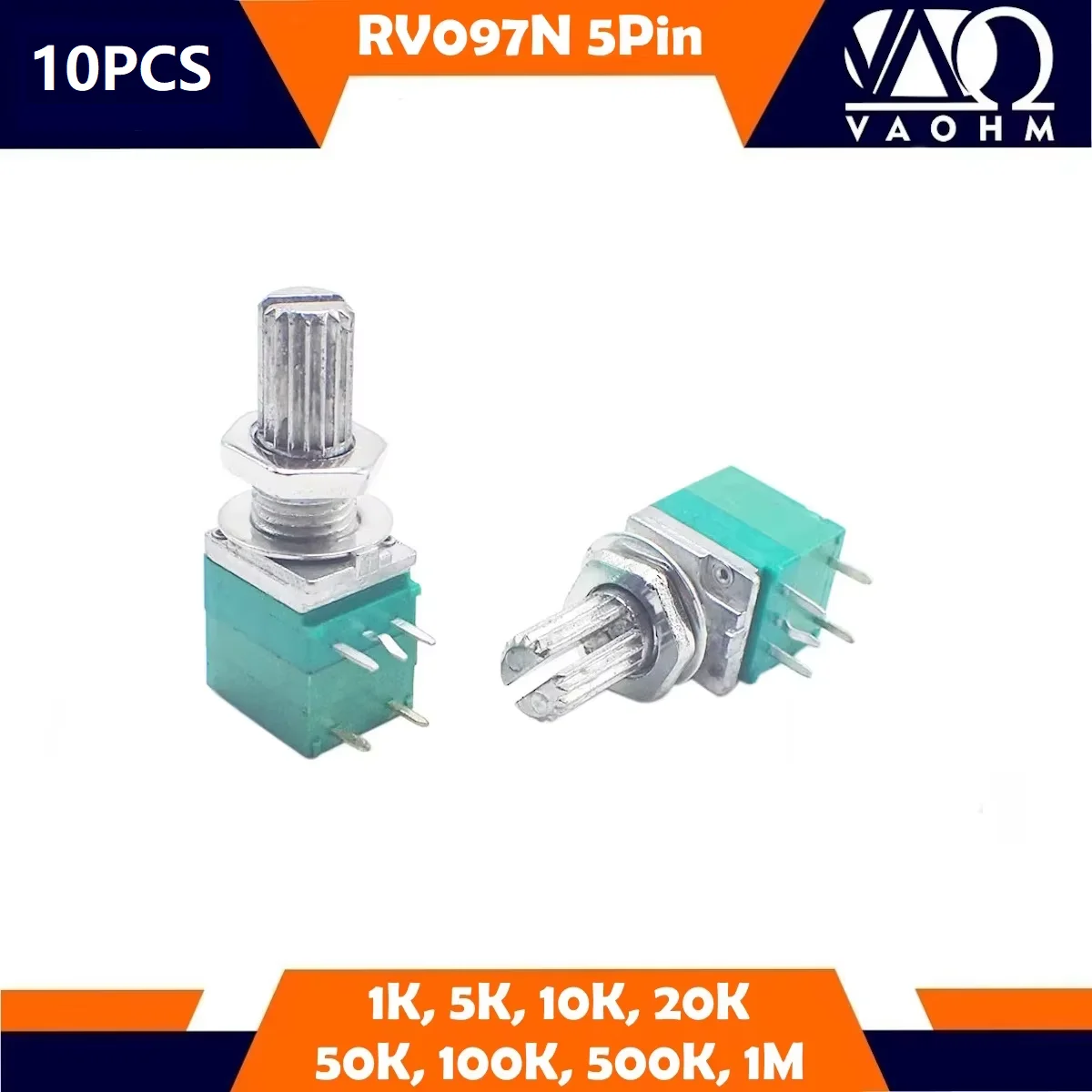 10PCS RV097N 5-Pin Rotary Potentiometer High Precision Adjustable Resistor for Audio And Electronics Control 1K 5K 10K 20K 50K