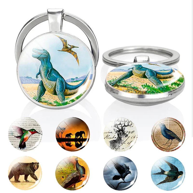 1pc Ferocious Green Dinosaur Double Side Keychain Animals Peacock Swallow Glass Cabochon Dome Jewelry Pendant Car Key Chains