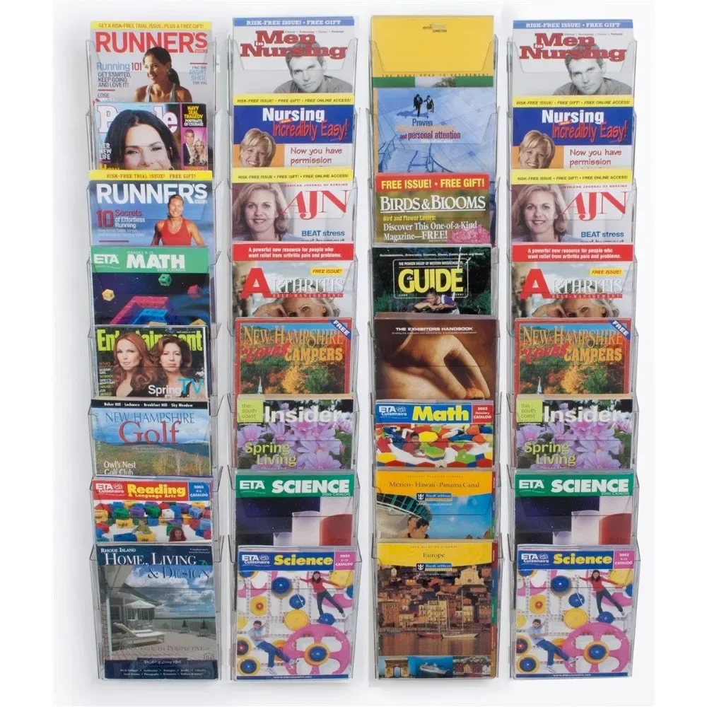 

Wall Mounted Magazine Rack with Tiered Design, Thirty-Two Half View Pockets or 8.5 x 11 Inch Catalogs, Clear Plastic