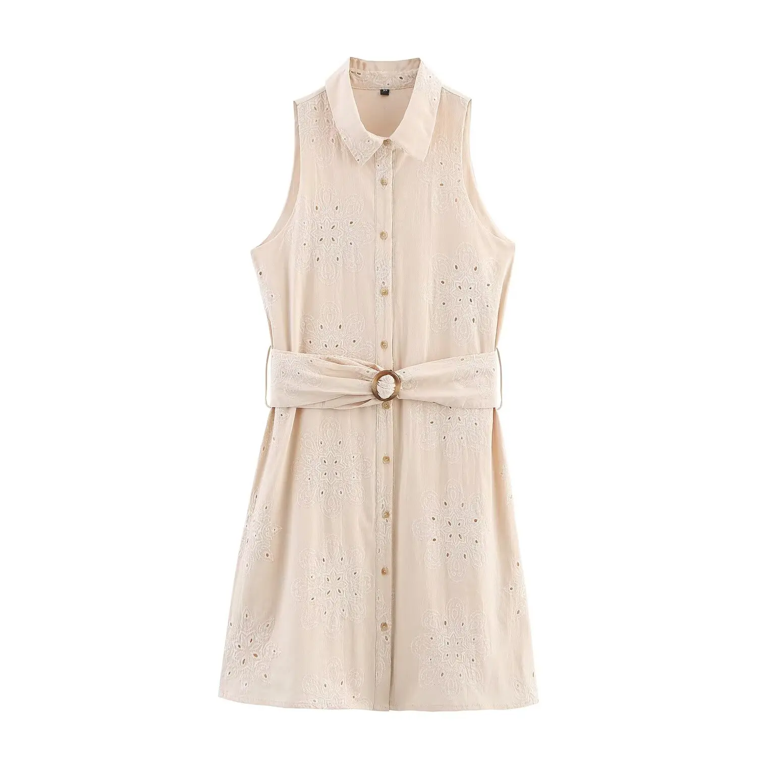 

Women's new fashion with belt slim single breasted hollow embroidery mini dress retro sleeveless women's dress