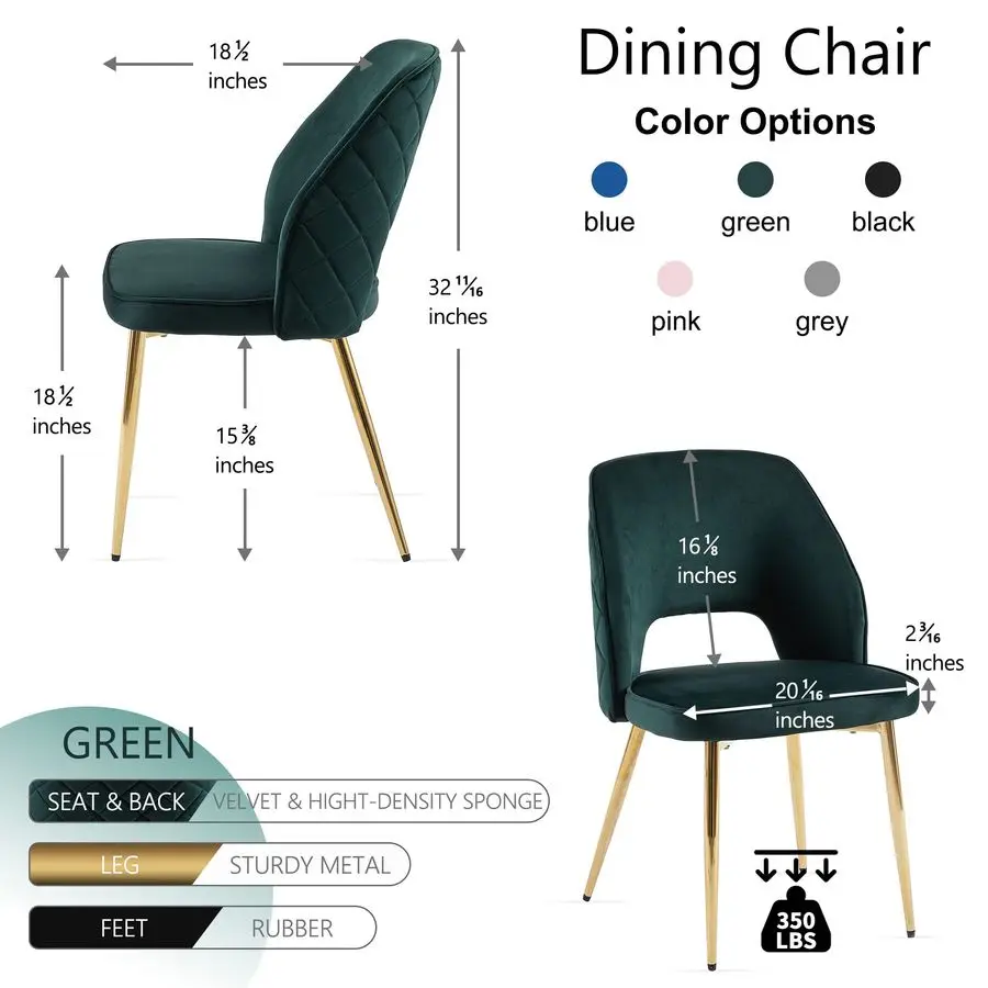 Ensemble de 4 chaises de salle à manger modernes, chaises d'appoint rembourrées en tissu velours vert forêt avec pieds en métal doré, chaise latérale à dossier rond